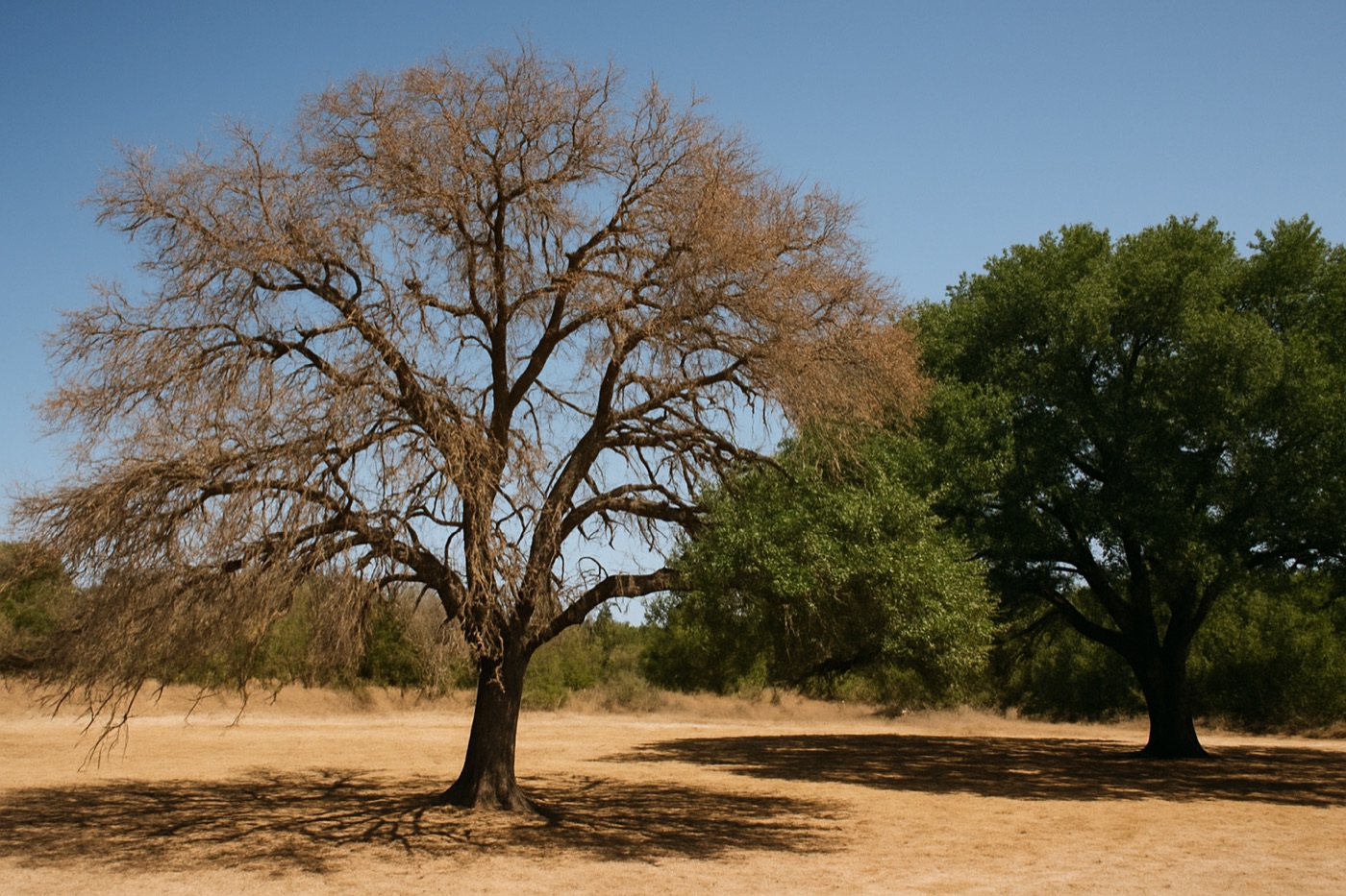 Live oak with thinning, browning canopy showing decline in a Central Texas yard