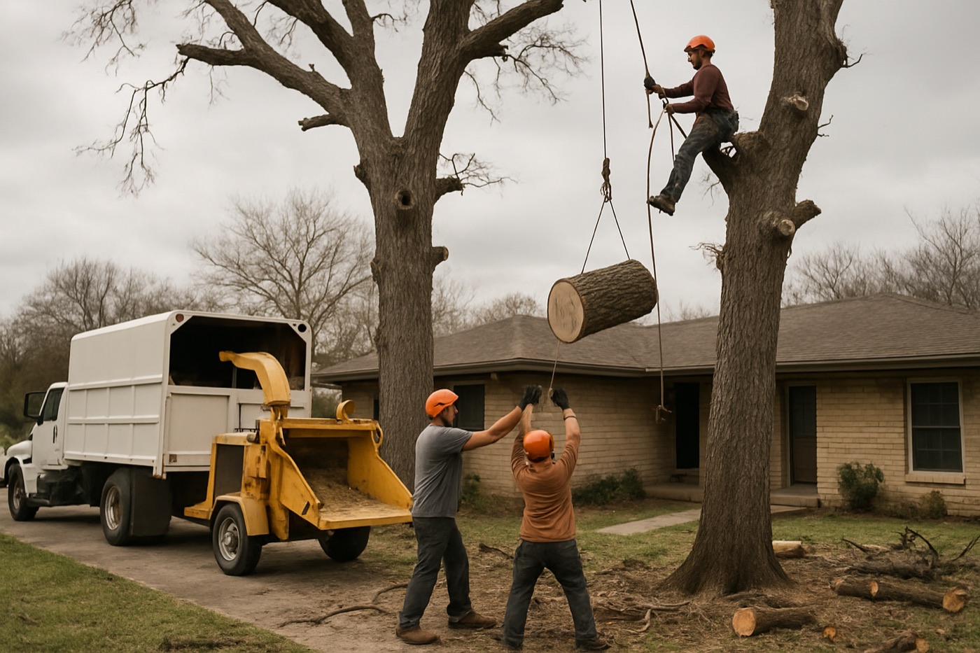 Tree crew removing a large dead oak in sections near a home in Lockhart, Texas
