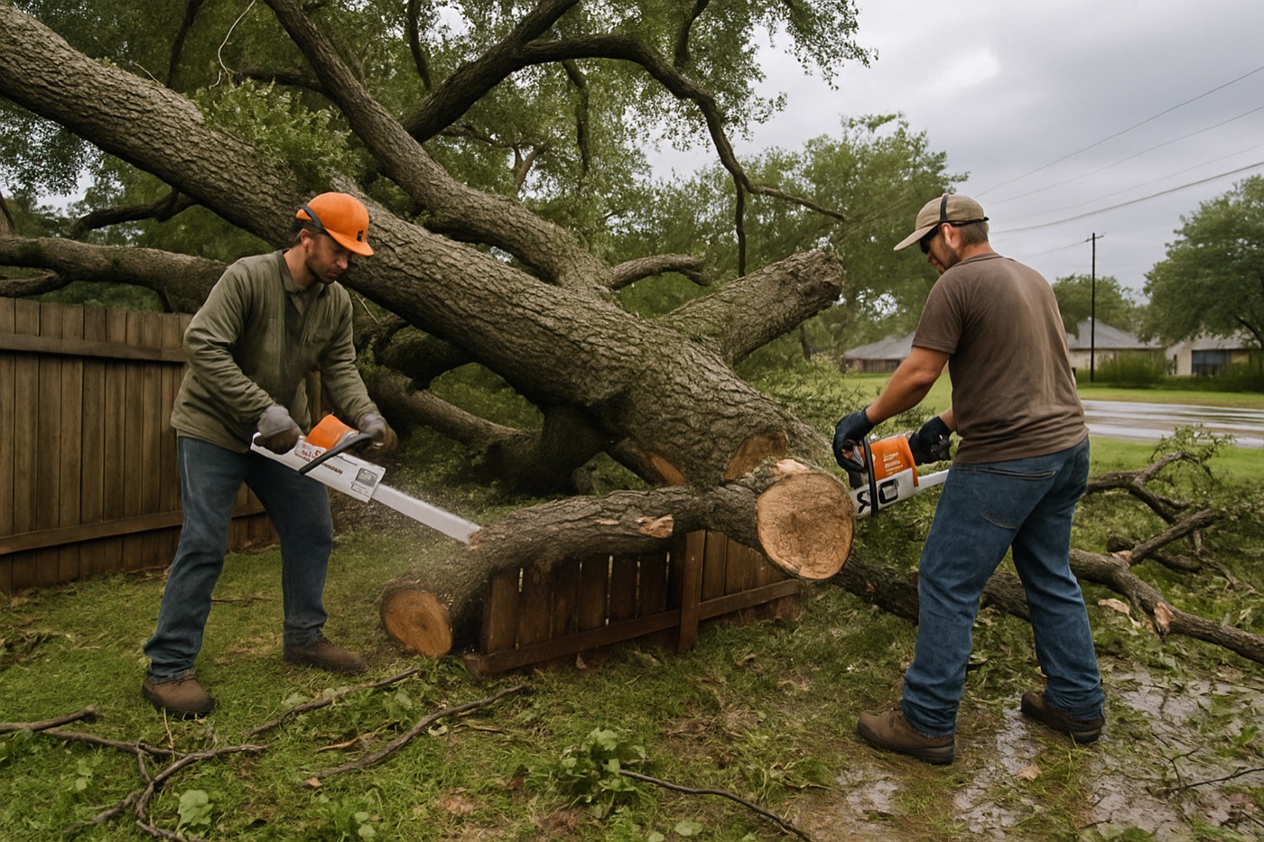 Crew cutting up a large storm-fallen oak limb in a Lockhart, Texas yard after severe weather