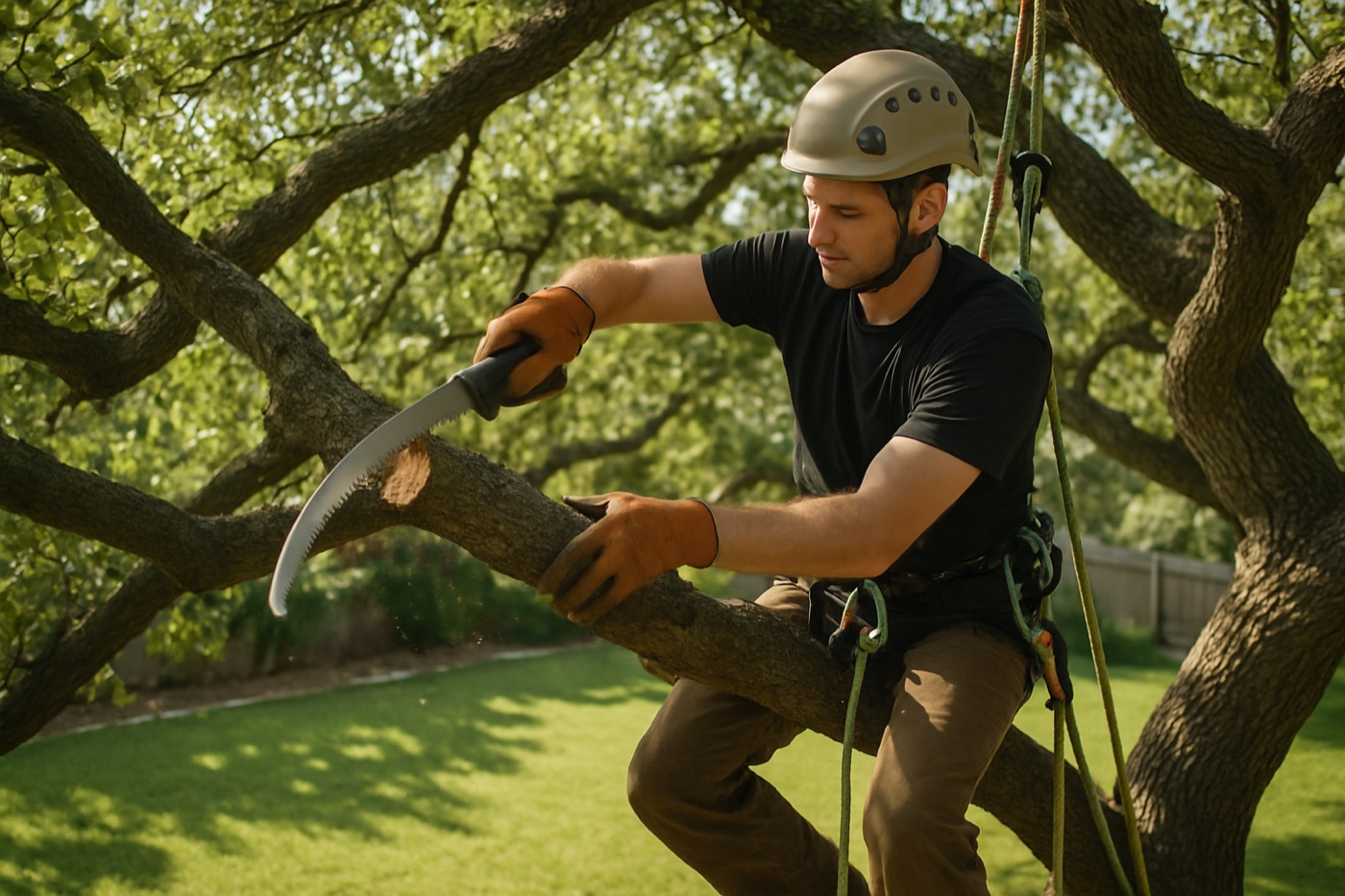 Climber pruning deadwood from a live oak canopy over a Lockhart, Texas backyard